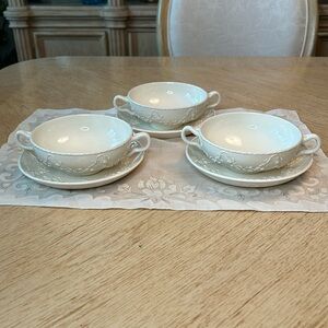 Wedgewood Etrunia Embossed Queensware Cream  Soup Bowl And Saucers (3 Sets)